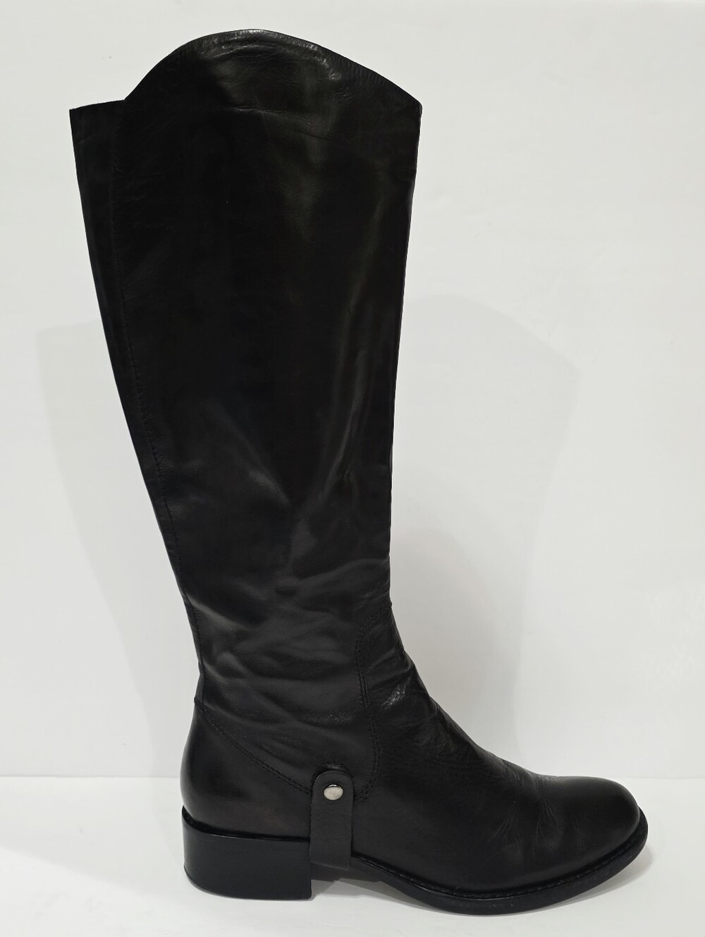 Via Spiga BLACK LEATHER Boot Silver Button Knee High Zipper Riding Moto 7 M Used